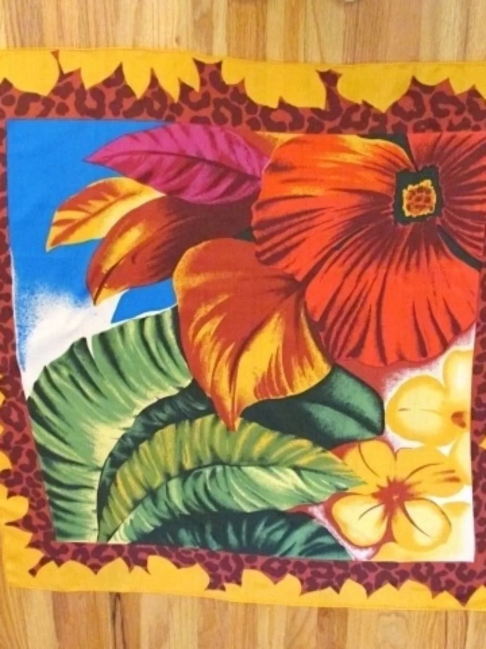 NWOT Square Orange Red Blue Green Tropical Satin Silk Scarf
